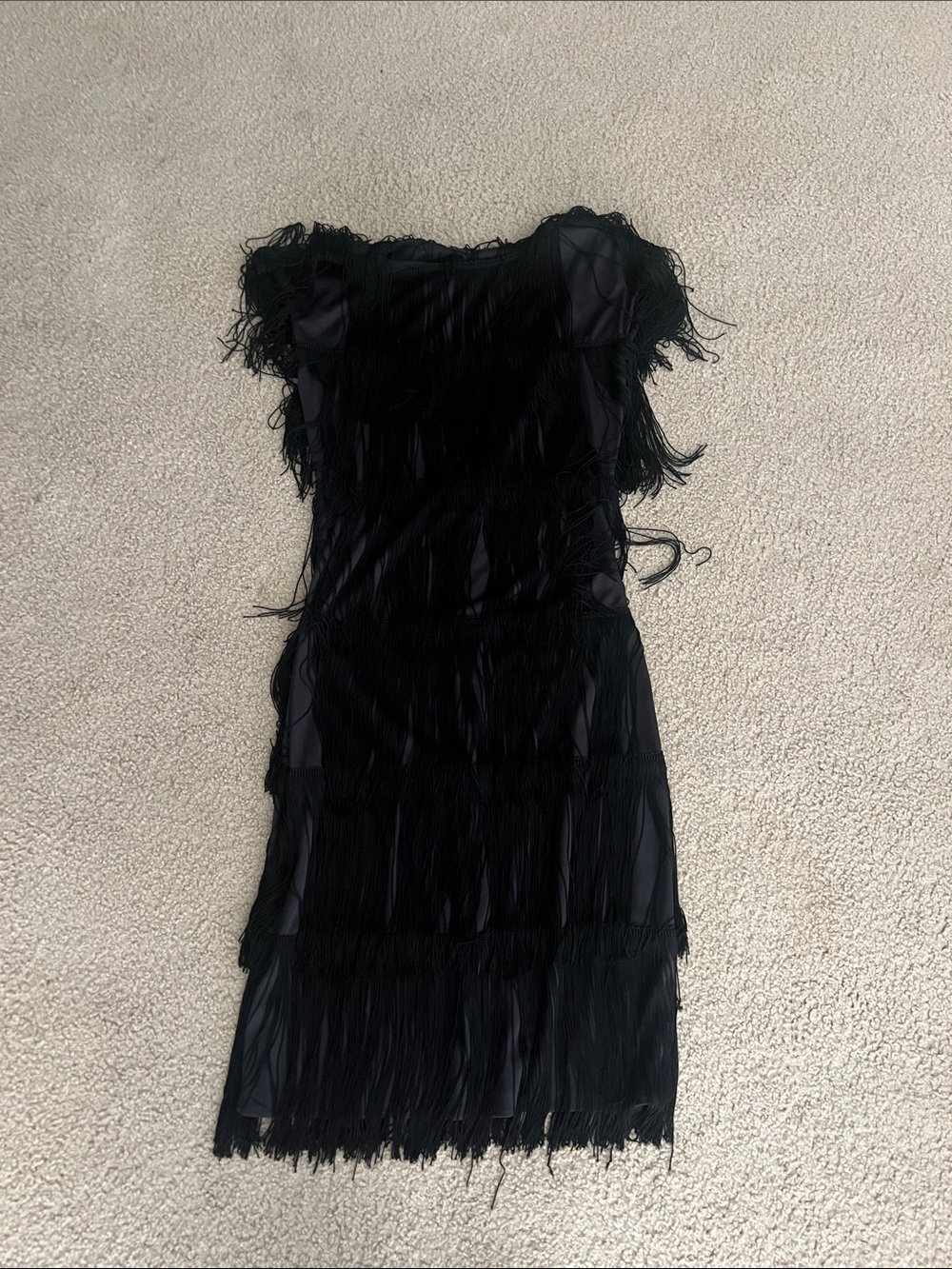 1920s flapper costume dress! Black Fringe Short Sleeve Evening Dress